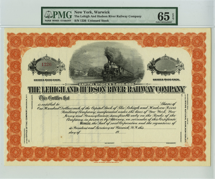 Lehigh and Hudson River Railway Co. - Stock Certificate - PMG Graded Unissued Stock 65 EPQ Gem Uncirculated